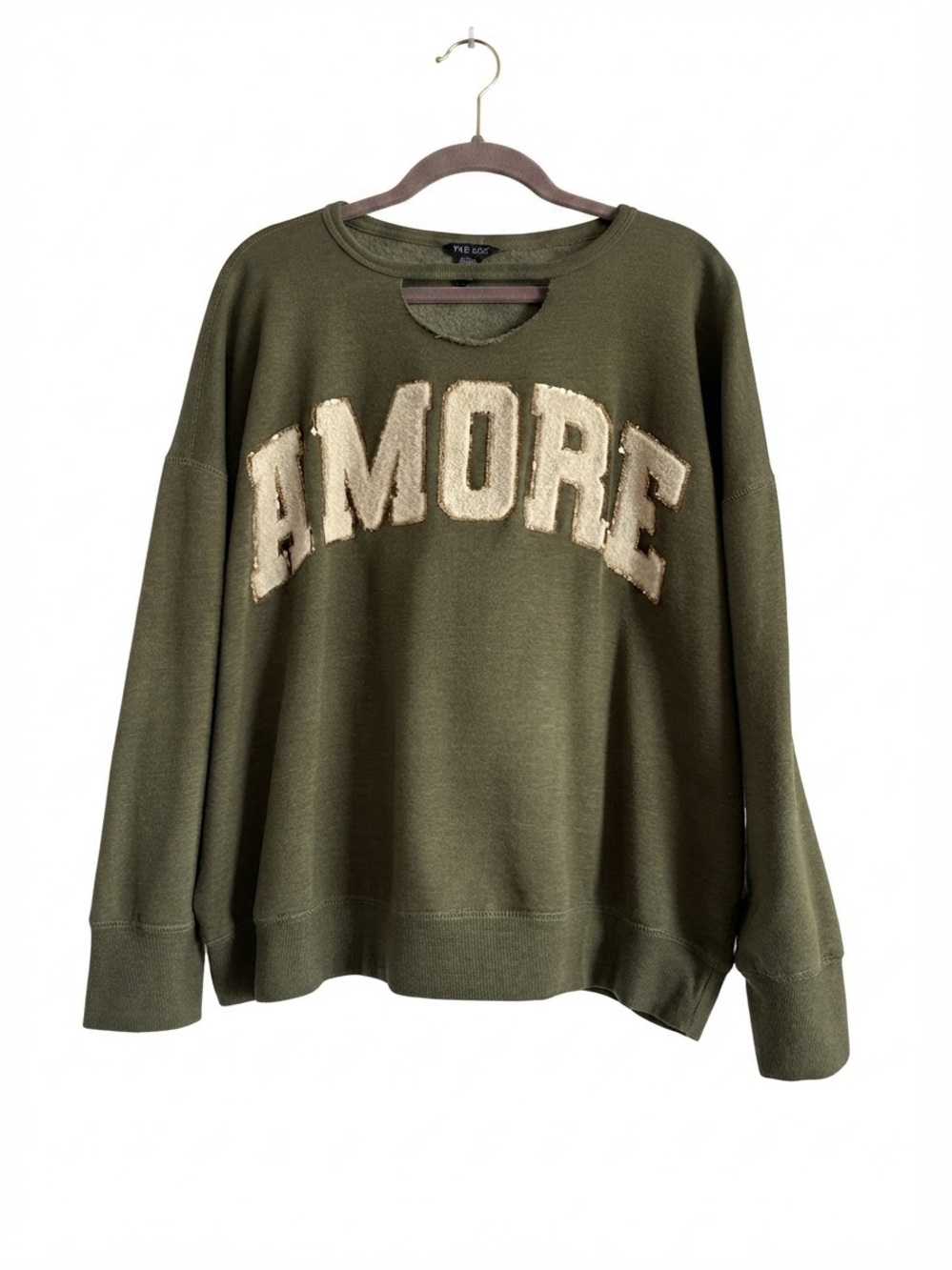 Wild Kiss Olive Green Amore Graphic Sweatshirt Gold Sequin Cutout Size 2X